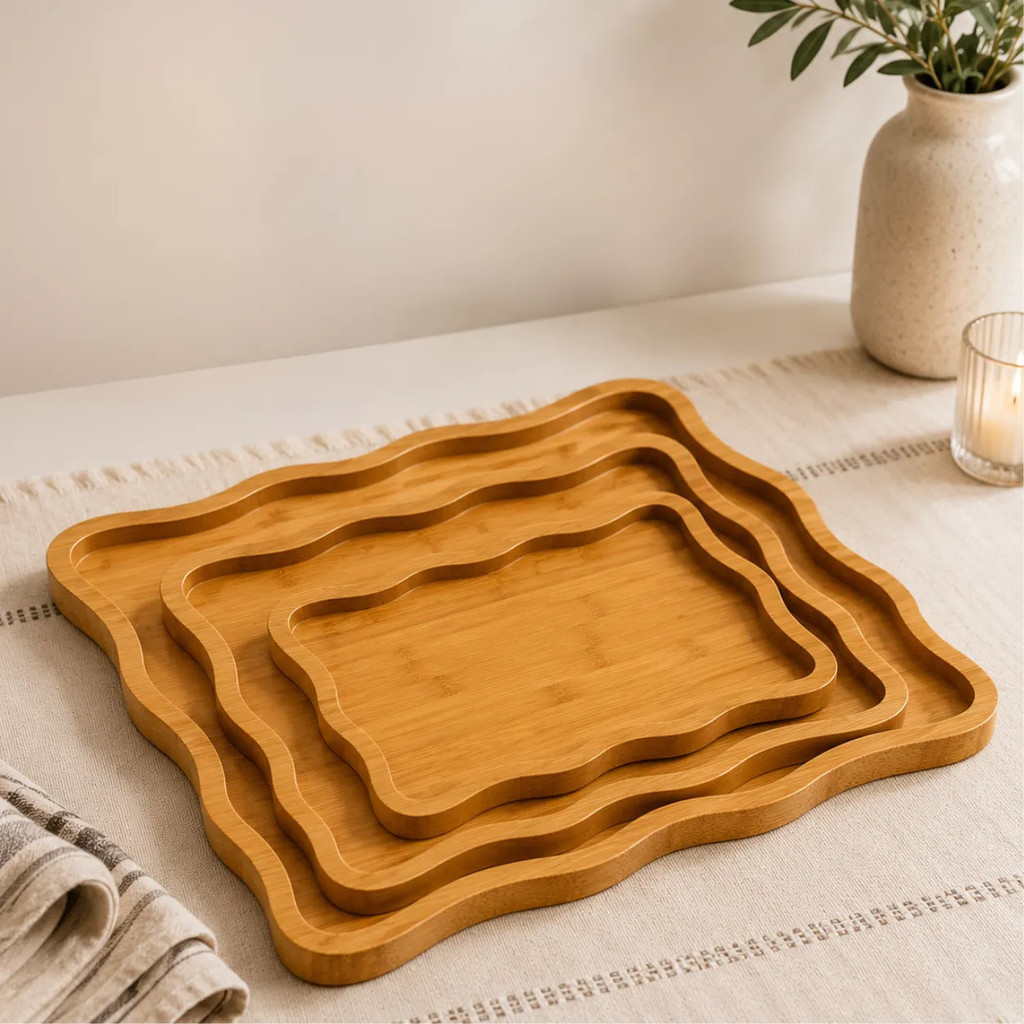 Kit 3 Bandejas Retangulares MDF Onduladas Decorativas Servir Frios Petiscos Mesa Cozinha CHEF D