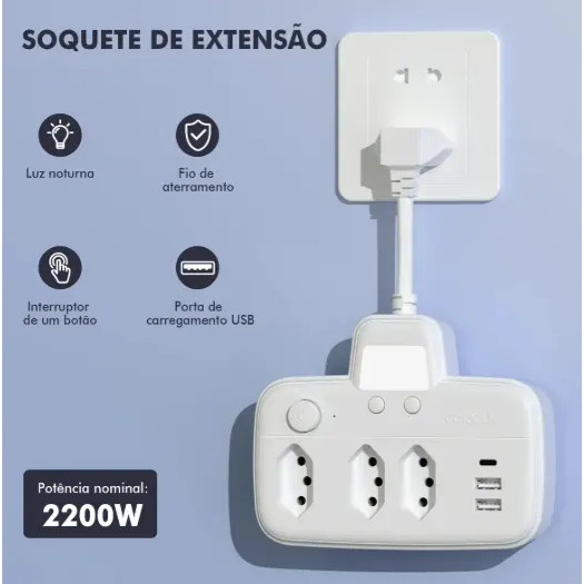 Filtro de Linha Curto Extensão 3 Tomadas 2 USB Type-C Bivolt 2200W com Luz Noturna