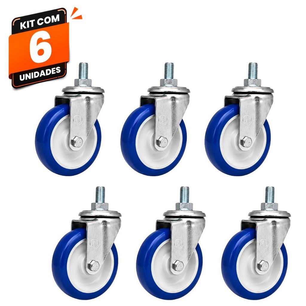 Kit 6 Rodas Rodinhas Giratórias Carrinho Supermercado Mercado Ajax Rosca 5" PVC Azul 120kg Alta Resistência