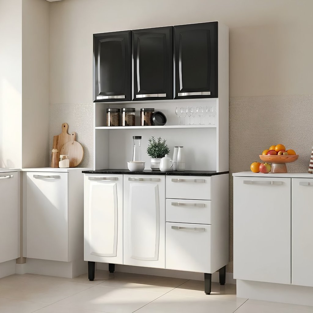 Armário de Cozinha em Aço com Bancada e Nicho 6 Portas 2 Gavetas 195cm Pratika Itatiaia Branco/Preto Branco/Preto