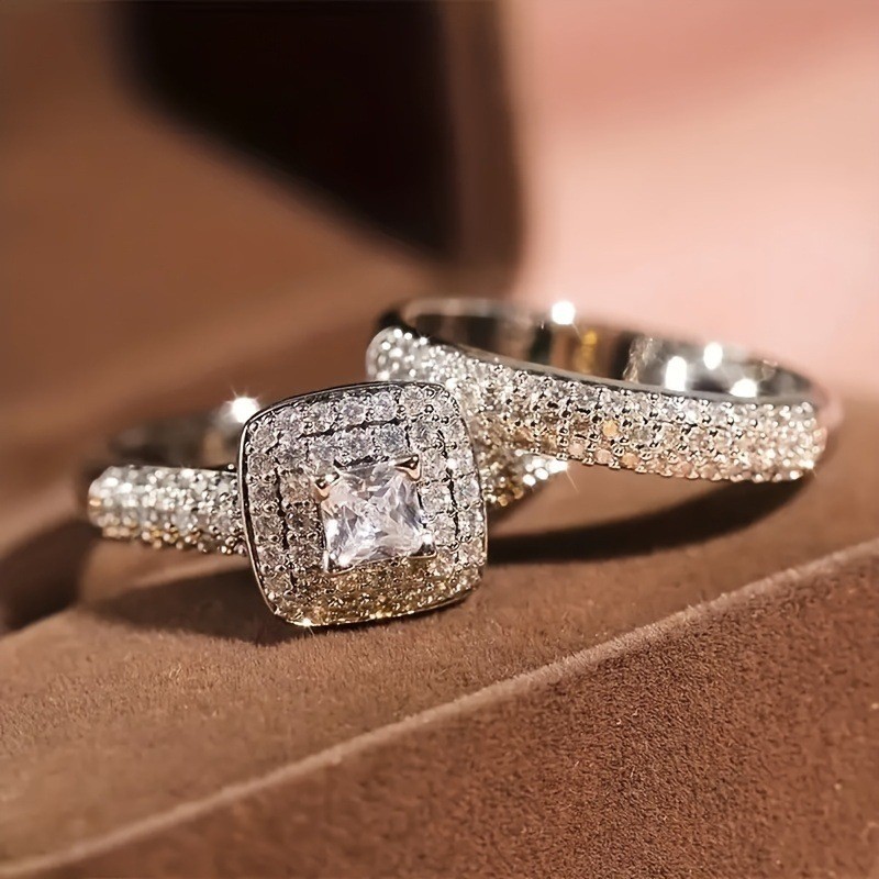 Anel de diamante quadrado de princesa com diamante completo, anel de casal, luz de luxo, Micro-incrustado, zircão, anel 