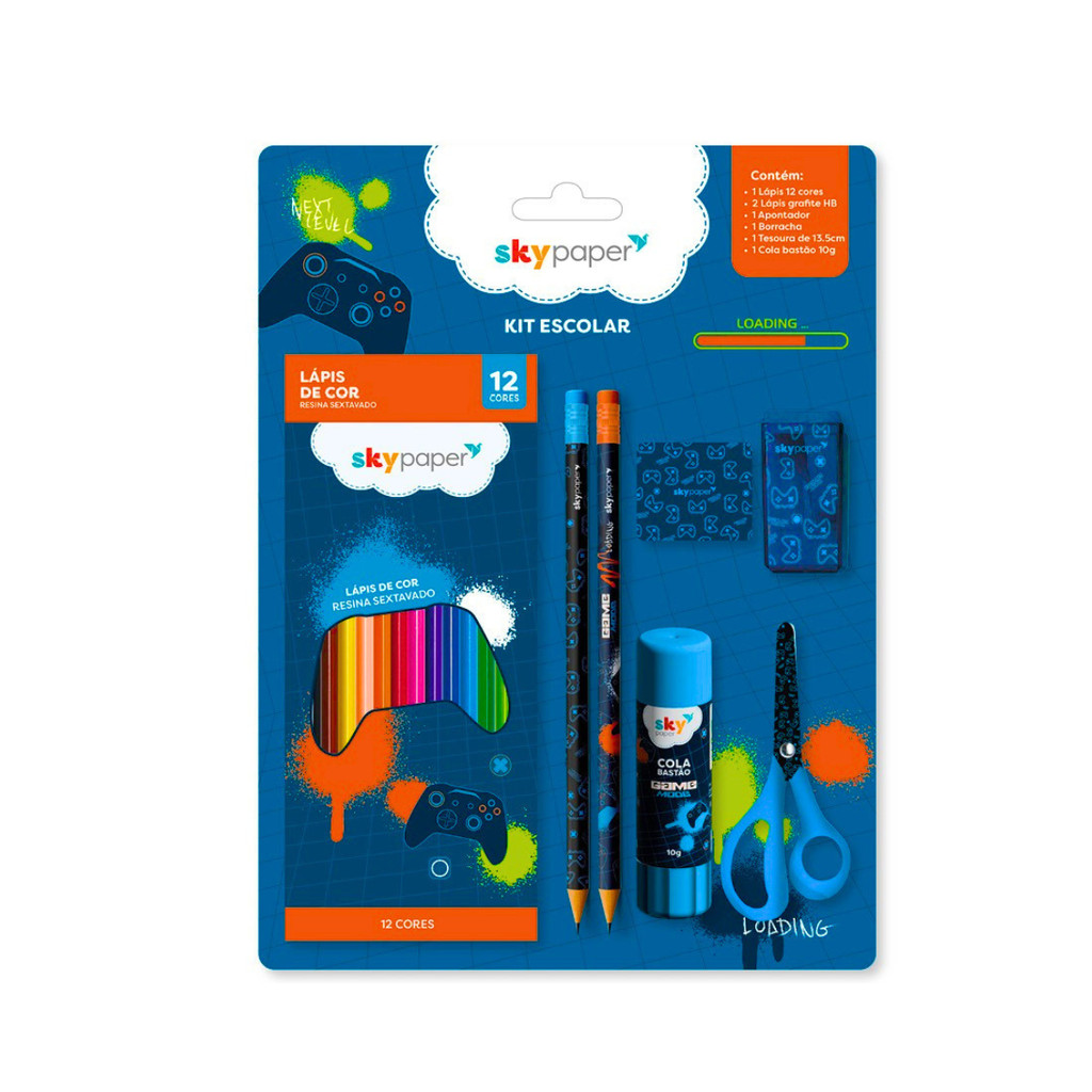 Kit Escolar Com 6 itens + Lápis De Cor 12 Cores - SkyPaper Modelo:Game