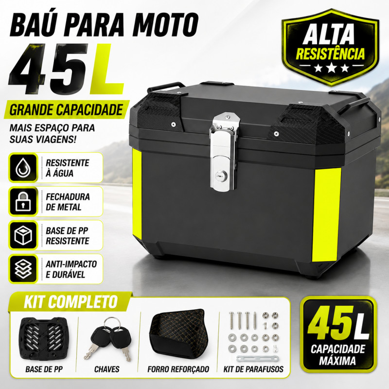 Baú Bauleto Para Moto 45 Litros Universal Com Forro E Base Kit Fixação Completo Trava Anti Furto