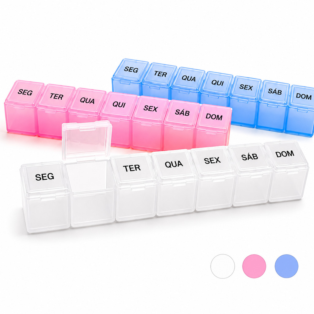 Porta Comprimido Organizador De Remédios Semanal Retangular Transparente Rosa Azul