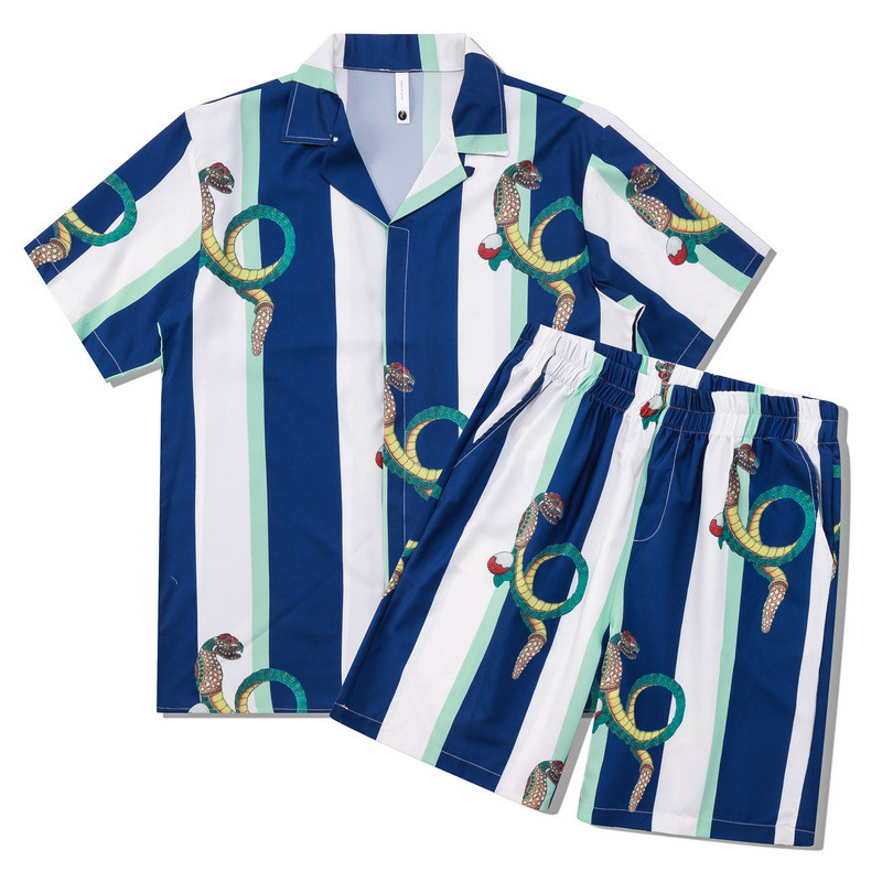 [Novo produto] Camisa masculina cavalheiro Shorts listrados conjunto cardigã impressão Digital conjunto Casual da costa