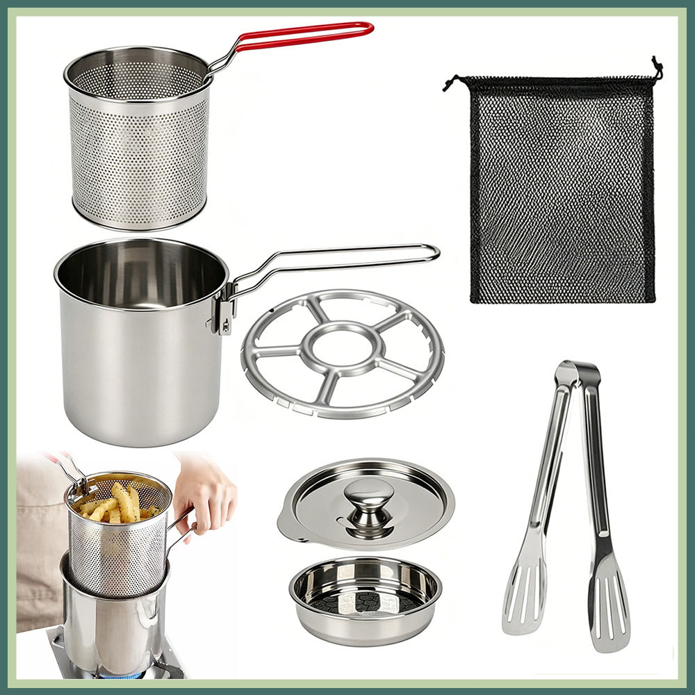 Kit 7 Panela Fritadeira 1300ml em Inox com Cesto Peneira Tampa Pegador Suporte e Bolsa para Batata Frango Peixe Tempurá