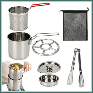 Kit 7 Panela Fritadeira 1300ml em Inox com Cesto Peneira Tampa Pegador Suporte e Bolsa para Batata Frango Peixe Tempurá
