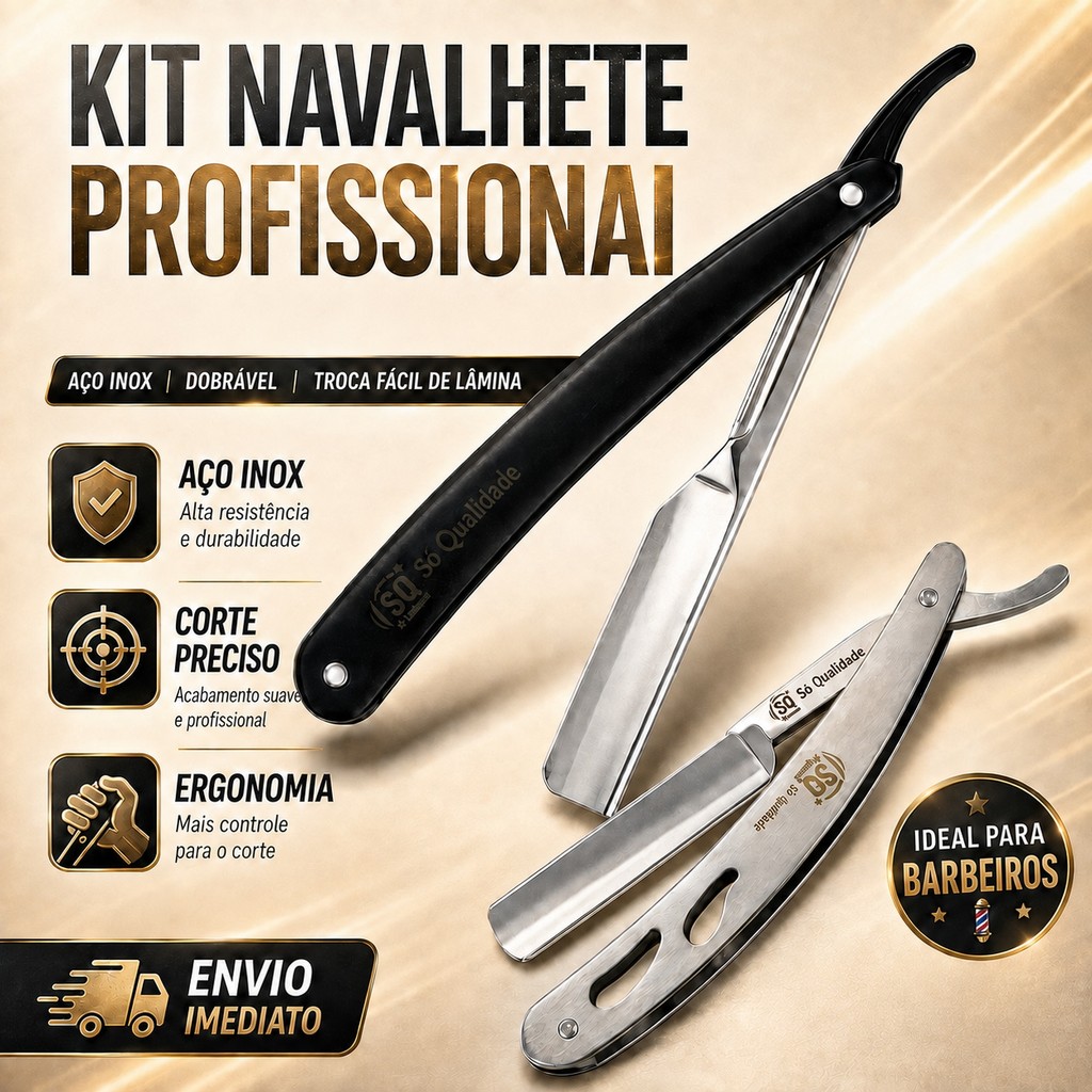 Kit Navalha Navalhete Profissional Barbeiro Aço Inox Barbear Lamina