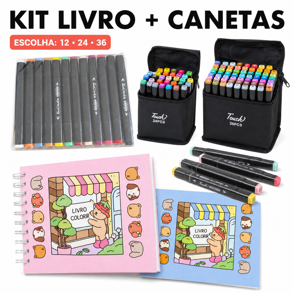 Kit Canetas Marcadoras Ponta Dupla 100 120 168 Cores + Livro de Colorir 48 Folhas Desenho Arte