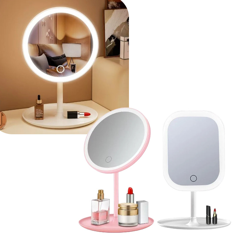 Espelho de Maquiagem LED com Luz 3 Tons Recarregável USB Touch Mesa com Bandeja