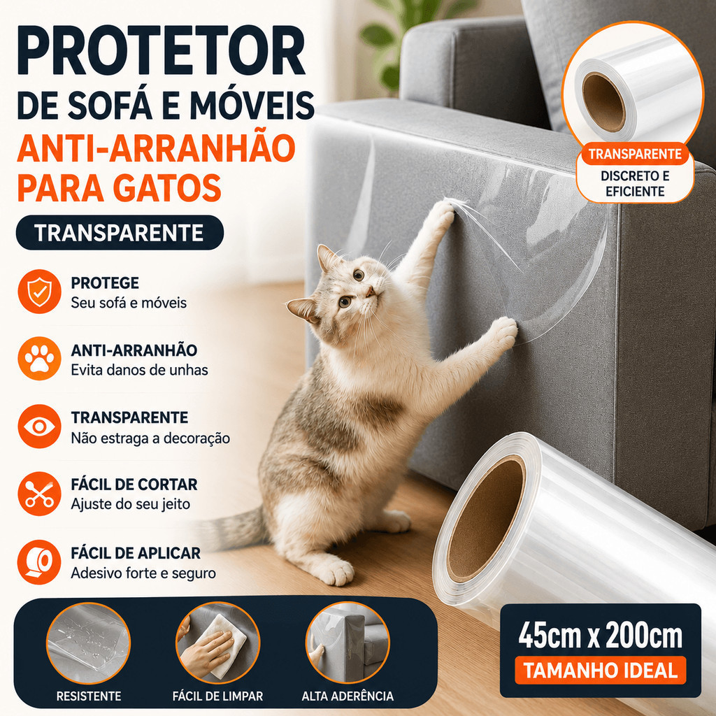 Fita Protetora Anti Arranhão Gato Sem Cola Transparente Estática Proteção Sofá Parede Porta 45x200cm