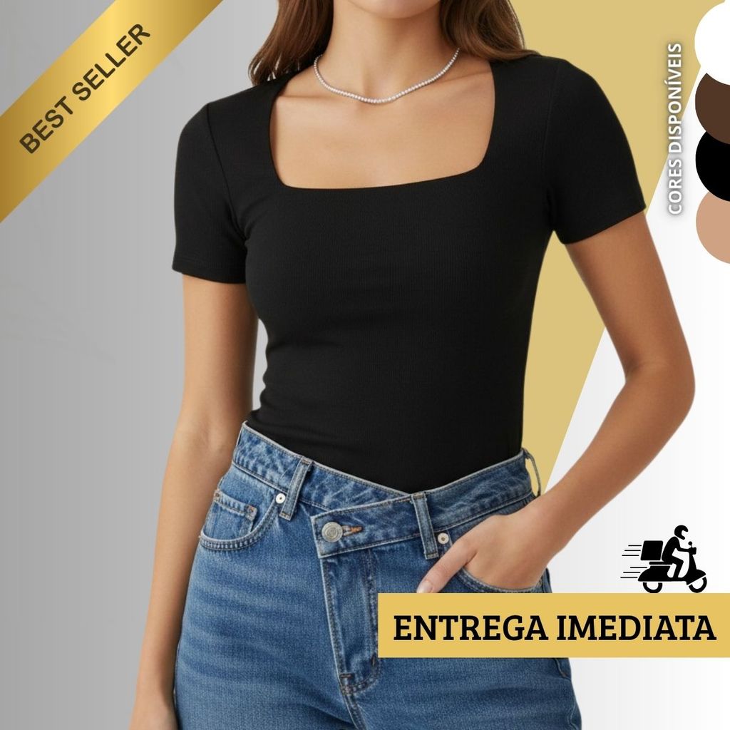 Camiseta Blusa Feminina Básica Gola Quadrada Suplex Zero Transparência Premium Casual Dia a Dia Compressao