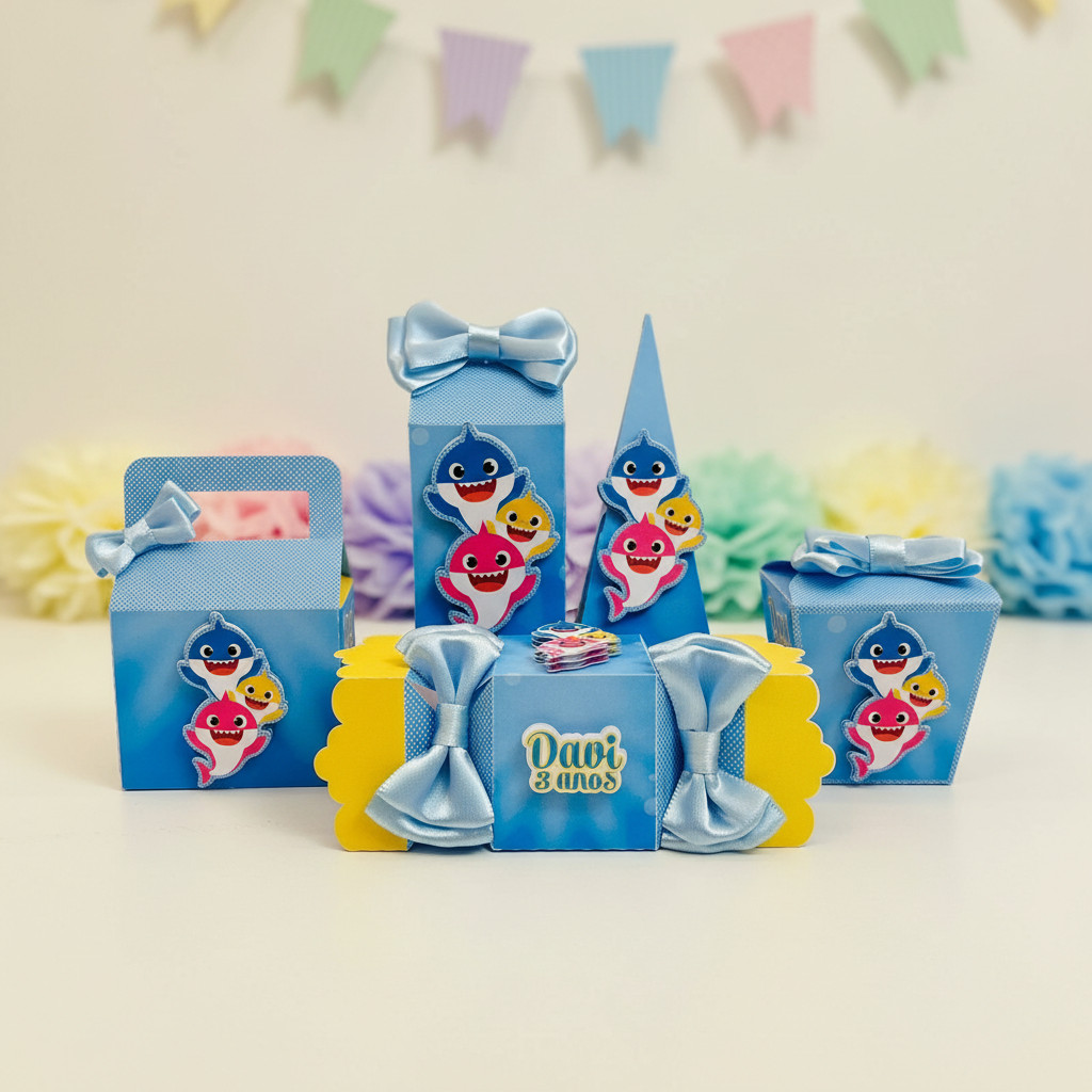 Kit Festa Baby Shark Azul Personalizado com Laço | Caixinhas Milk Pirâmide Bala e Sushi | Lembrancinha Infantil