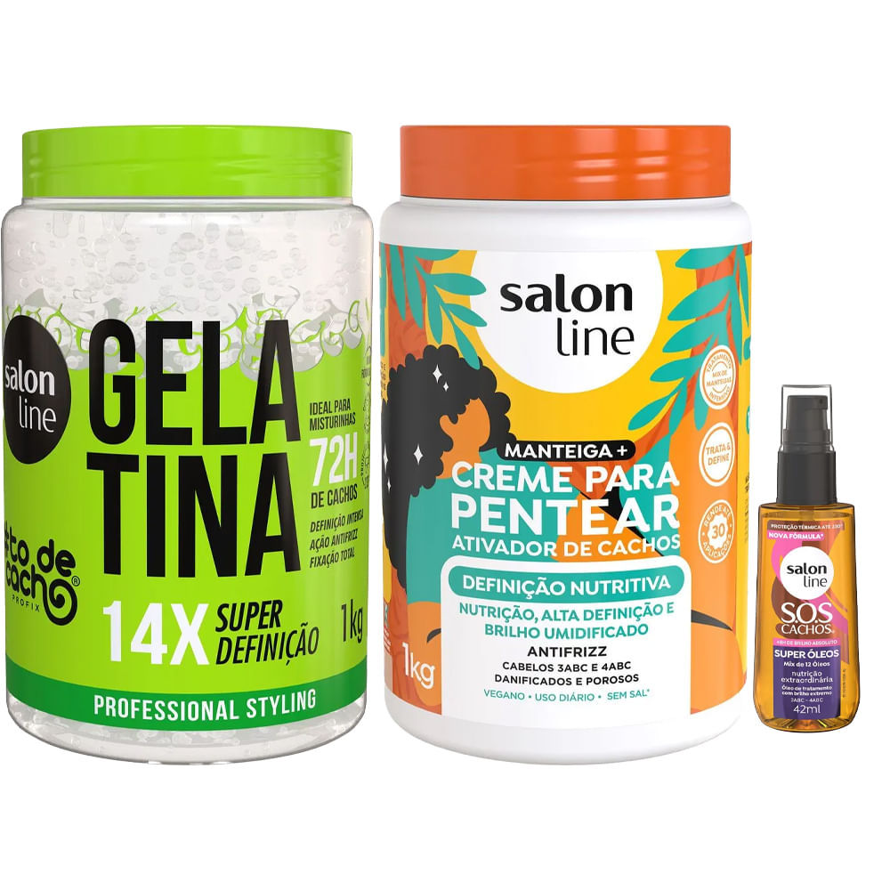 Kit Salon Line Gelatina 1kg + Creme De Pentear Definição Antifrizz 1Kg + Óleo Capilar Super Óleos 42ml