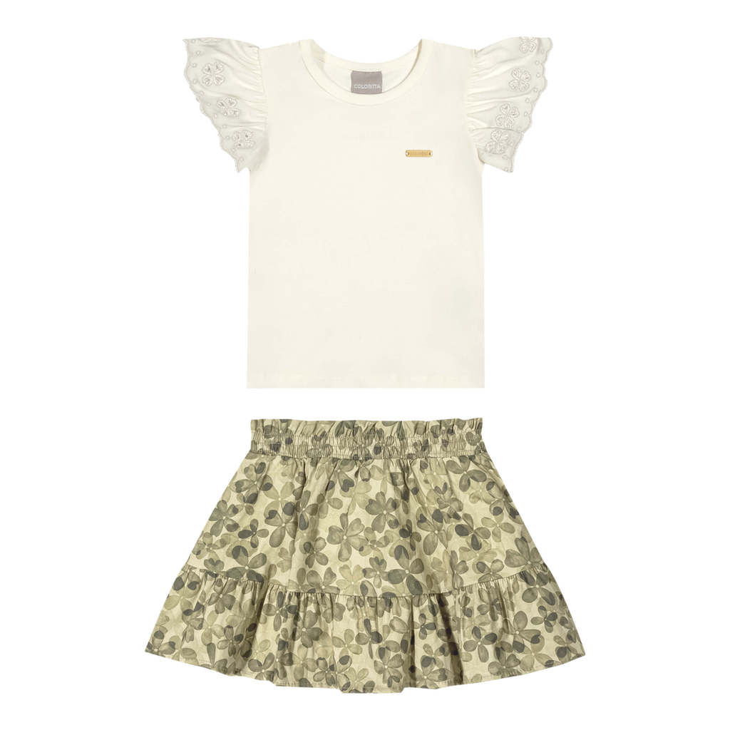 Conjunto Infantil Menina Floral Bordado Colorittá Bege