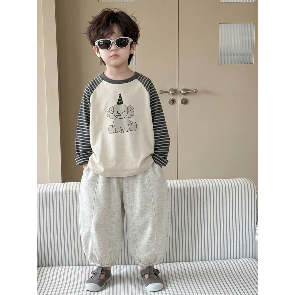 Menino dos desenhos animados de manga comprida camiseta primavera outono 2026 novo estilo crianças Casual listrado camis