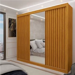 Guarda Roupa Casal com Espelho 3 Portas Royale Ripado 100% MDF Marrom/Marrome Naturale