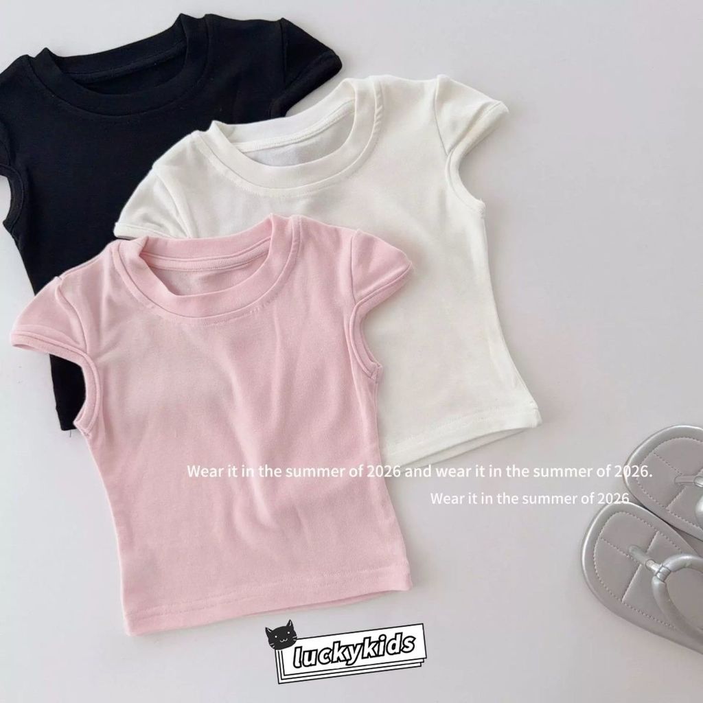Coreano Crianças Meninas Cor Sólida Macio Respirável Manga Alargamento Camiseta Verão Moda Bebê Fino Elástico Curta