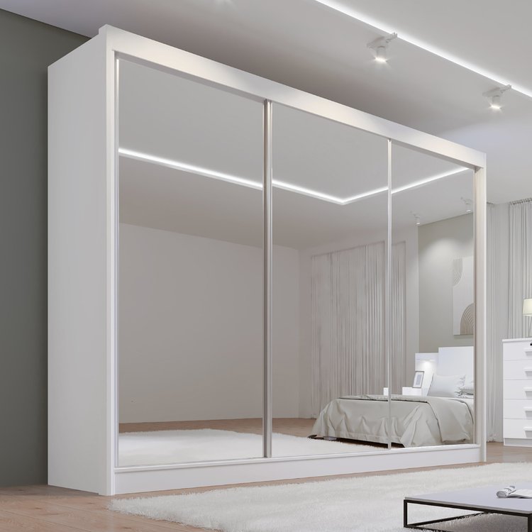 Guarda Roupa Casal MDF Espelhado 3 Portas 6 Gavetas Qatar Branco Branco