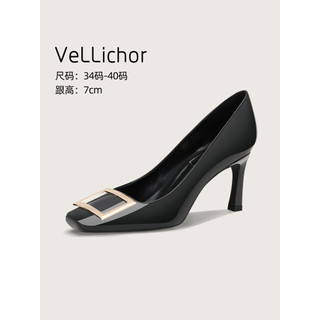 2026 novo estilo fivela quadrada salto alto feminino francês Retro boca rasa dedo do pé quadrado Stiletto preto Commuter
