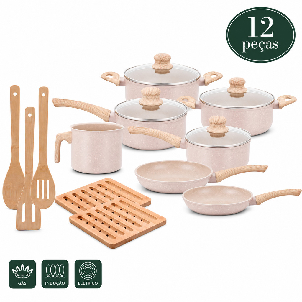 Kit Jogo de Panelas Antiaderente 12 Peças Indução Com Fundo Triplo Cerâmico Com Utensílios Bambu Ecoglide Tuut
