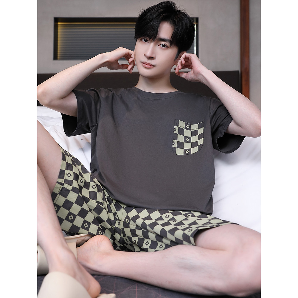 Kazhilian pijamas masculinos verão puro algodão fino Shorts de manga curta xadrez solto mais gordura plus Size Loungewea