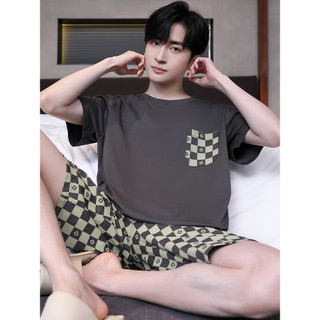 Kazhilian pijamas masculinos verão puro algodão fino Shorts de manga curta xadrez solto mais gordura plus Size Loungewea