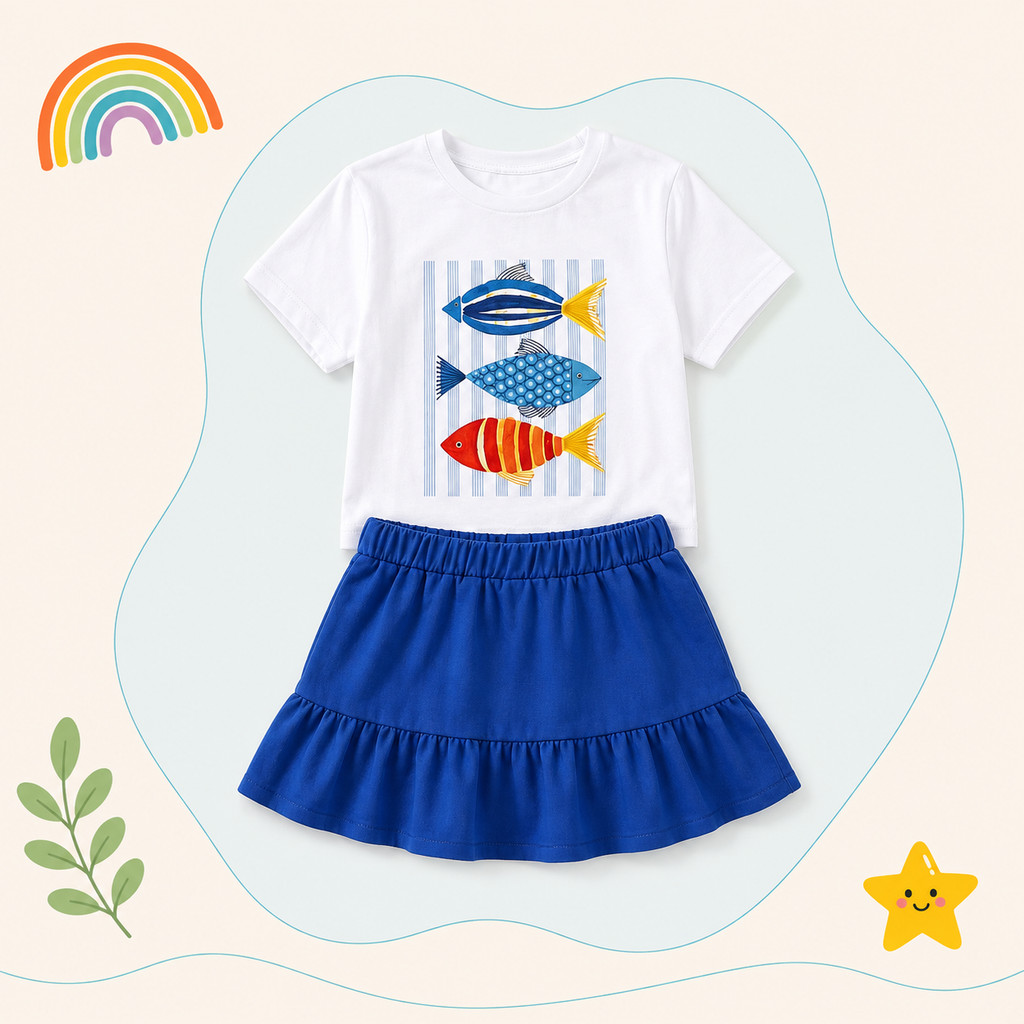 Conjunto Infantil Feminino Peixinhos 2 Peças com Camiseta Estampada e Shorts-Saia