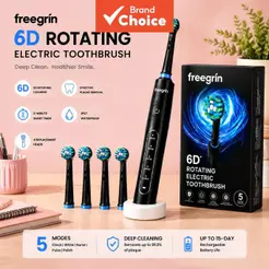 Escova de dentes elétrica rotativa 6D Freegrin, à prova d'água IP67, 5 modos, carregamento USB-C, 4 cabeças de escova