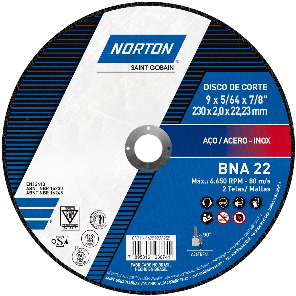Disco de corte para inox 9" x 5/64" x 7/8" BNA22 - Norton