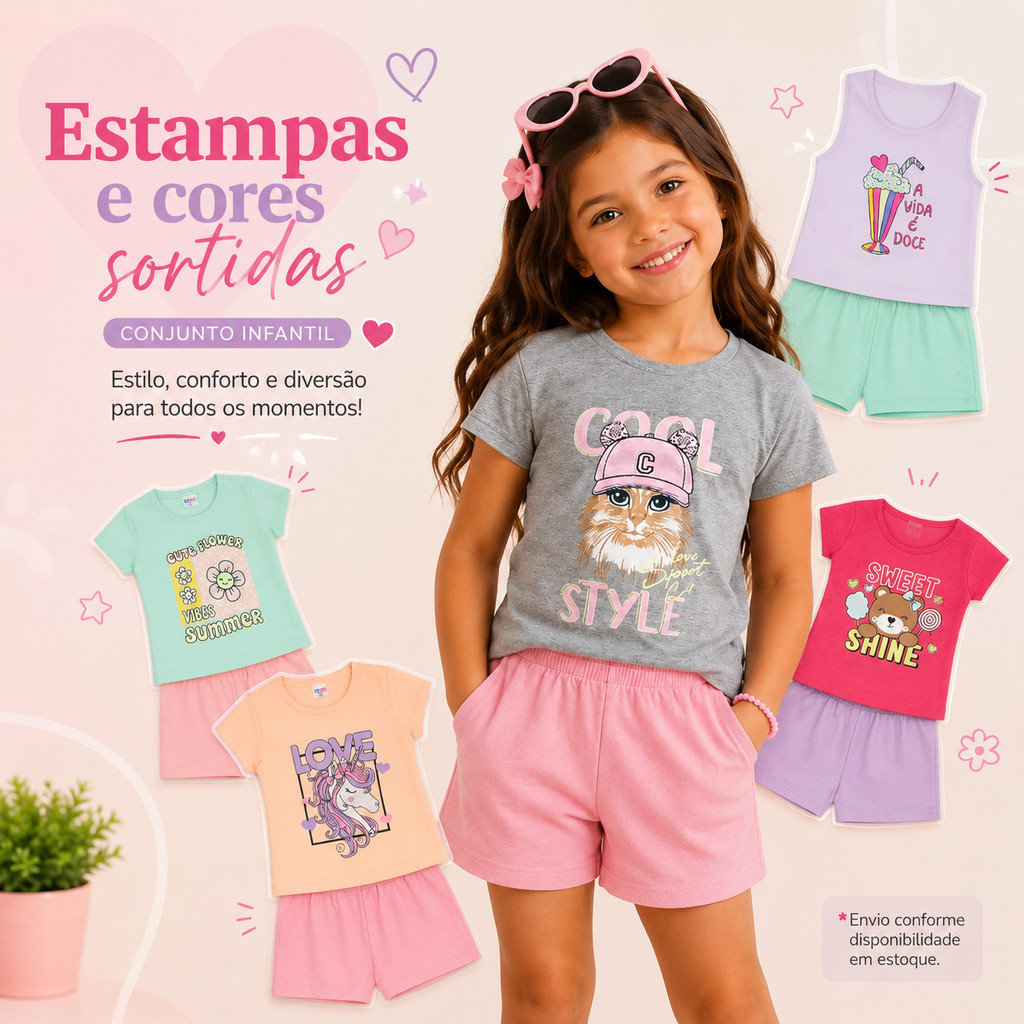 Kit 2 Conjuntos Infantil Menina Verão Blusa Algodão Short Moletinho Estampas Sortidas Tamanhos 1 ao 14 Leve e Fresquinho