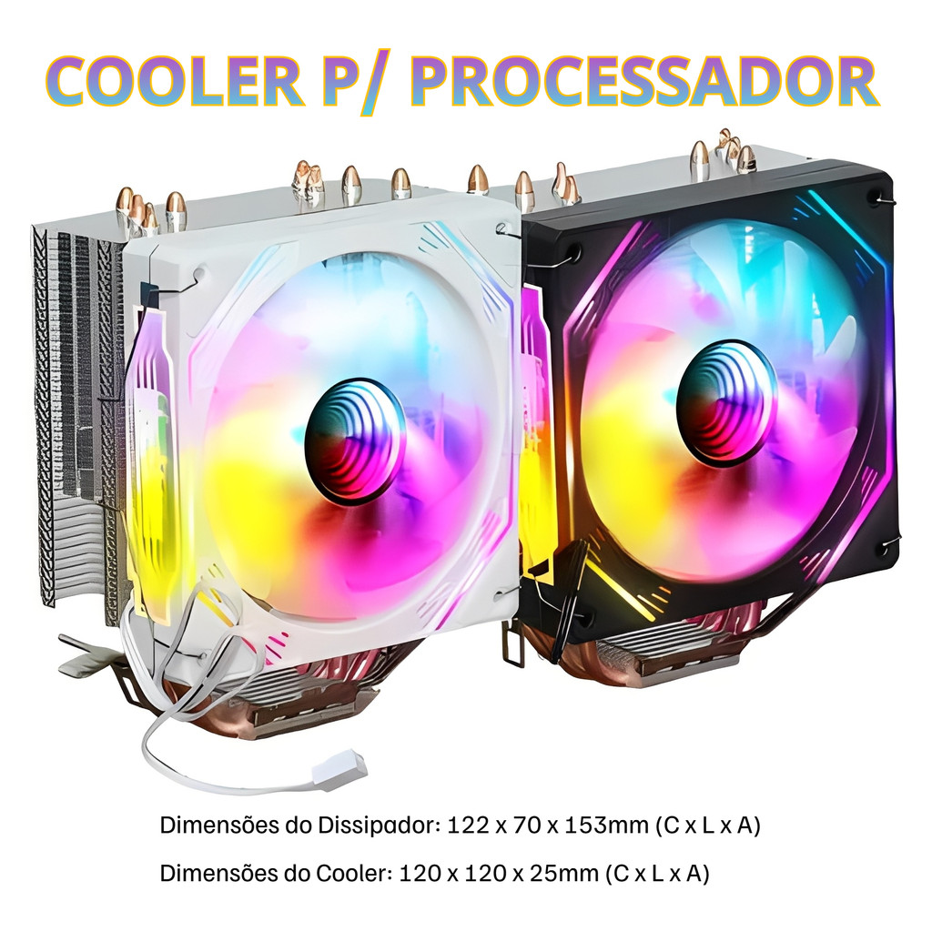 Cooler para Processador Revenger Hidráulico Cooler Fan CPU 4 Heatpipes LED RGB 3 Pinos Ventoinha 120mm Multi Intel AMD