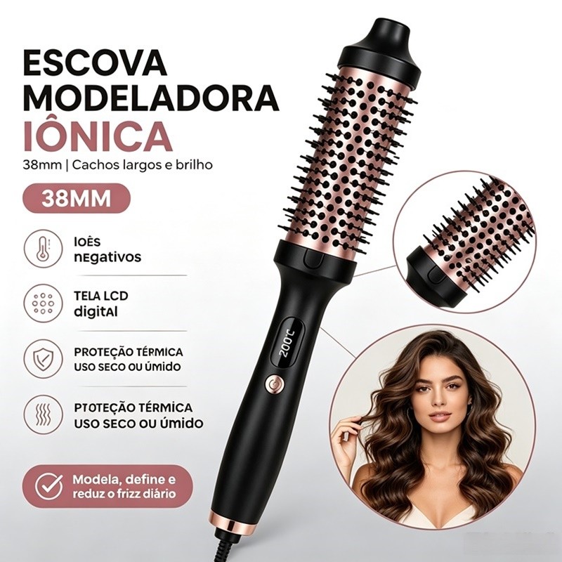 Escova Térmica 2 em 1 Alisadora e Modeladora de Cachos 38mm Bivolt com Íons 110–200°C voltikk