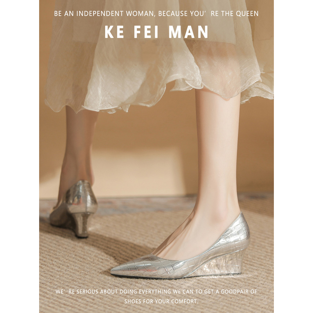[Kefiman] Bombas de salto cunha femininas primavera outono elegante high-End não cansado couro envernizado apontou salto