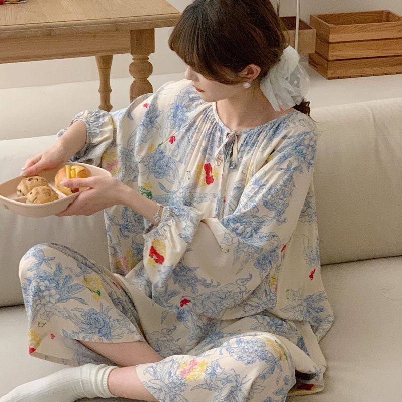 Primavera verão feminino algodão seda estilo ocidental estilo fino Plus Size pijamas de manga comprida desgaste exterior