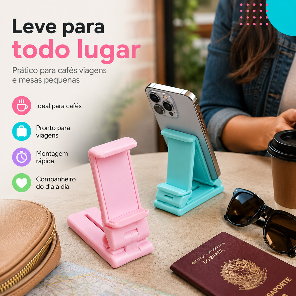 Suporte Para Celular de Mesa Dobrável Ajustável Portátil Giratório com Apoio Estável para Escritório Casa e Uso Diário
