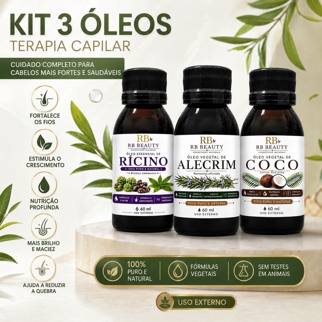 Kit Terapia Capilar - Óleo Coco + Ricino + Alecrim 60ml - kit 3 Óleos