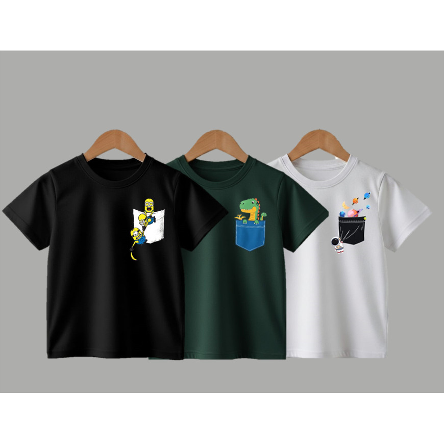 Kit 3 Camisetas Infantil 100% Algodão Estampado Dinossauro Feminino e Masculino T-shirt Manga Curta