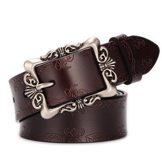 Cinto Vintage de Couro Genuíno R9AX para Mulheres, Cinto de Cintura com Fivela de Pino e Relevo, Cinto Versátil de Couro