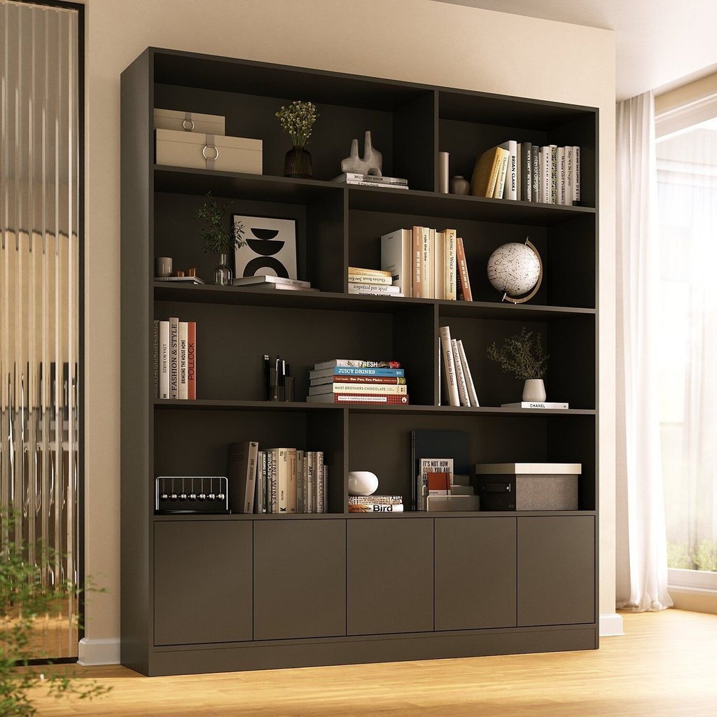 Estante de Livros 100% MDF 154,6CMX180,5cm 5 Portas 8 Nichos Versatile Preto Preto