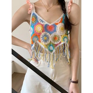 Verão feminino 2025 novo estilo dopamina usar crochê oco férias colete pequena camisa franjas tailandês curto topo