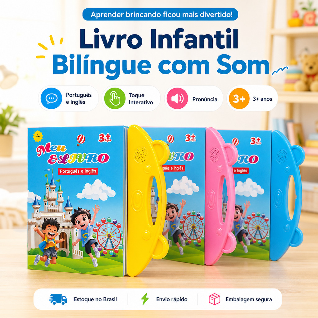 Livro Infantil Bilíngue Português Inglês Interativo Educativo com Som Toque Inteligente Aprendizagem para Crianças