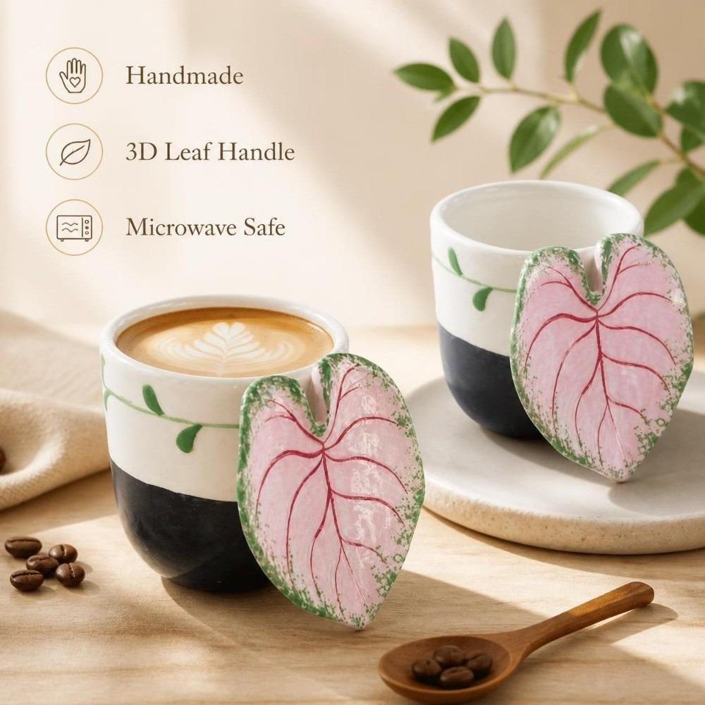 Xícara De Café De Cerâmica , Caneca Segura Para Micro-Ondas Máquina De Lavar Louça , Copo Expresso Com Alça De Folha 3D