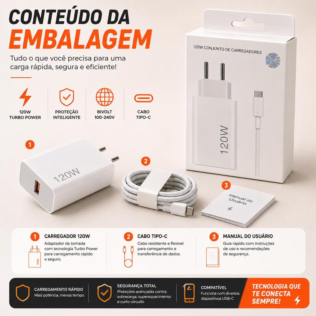 Carregador Turbo xiaomi 120W USB-C Carga Rápida + Cabo Tipo-C Bivolt