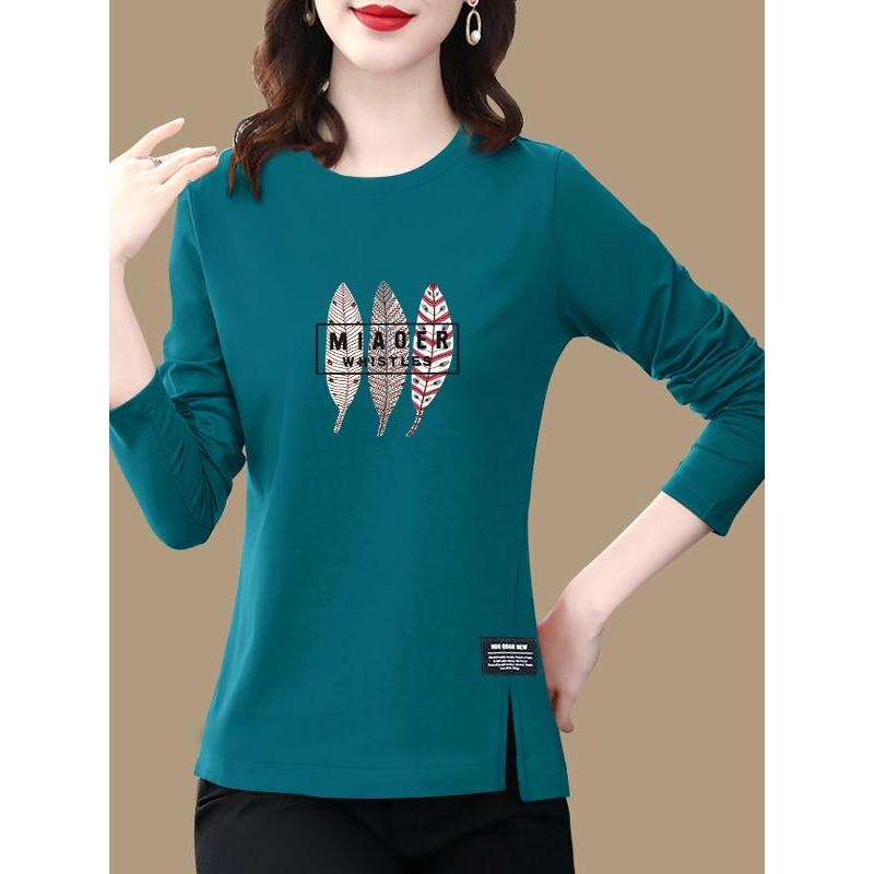 Camiseta feminina de manga comprida de algodão puro outono tamanho grande mais fino Look capa barriga estilo ocidental T