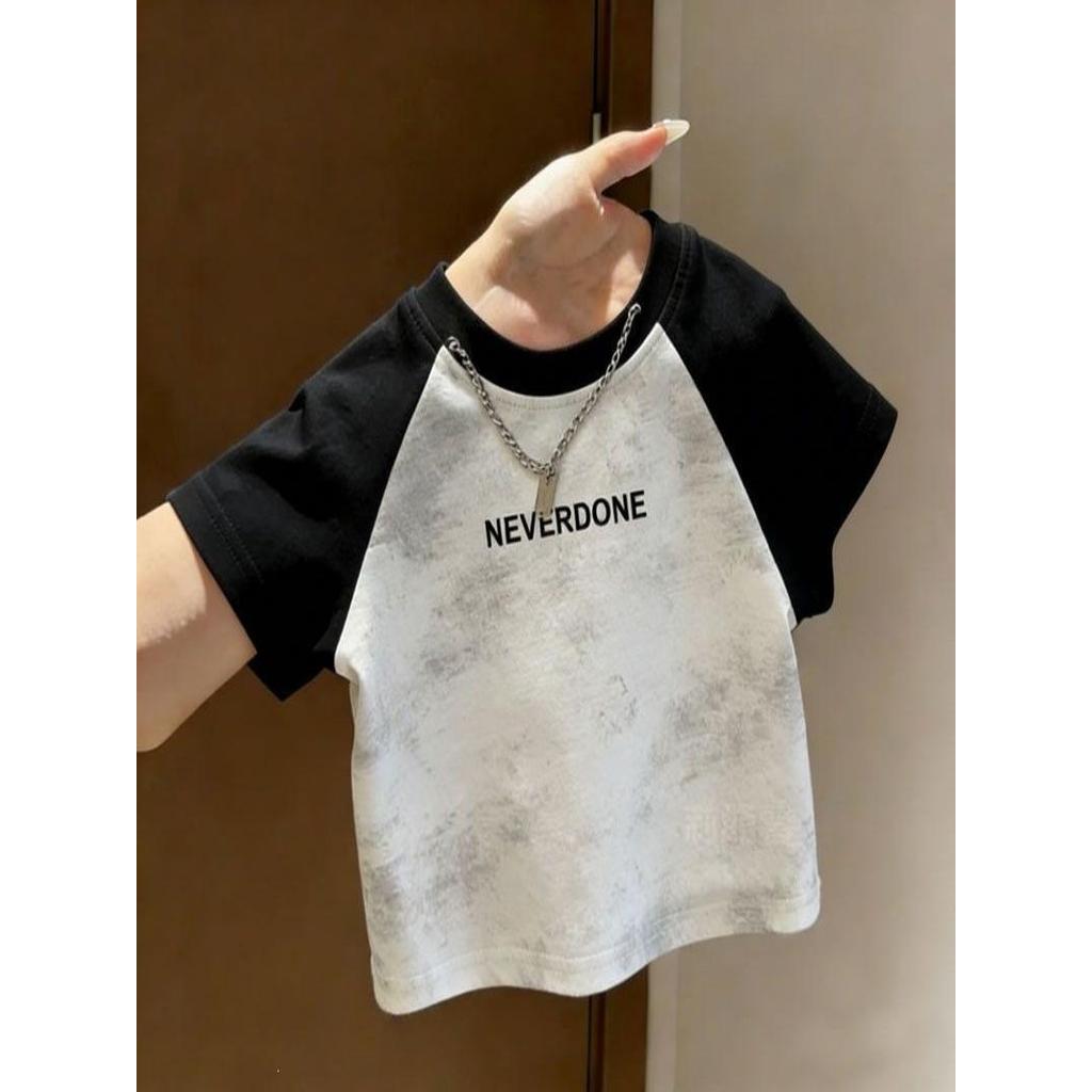 Menino algodão de manga curta camiseta verão novo estilo crianças menino bebê com corrente versão coreana carta impressã
