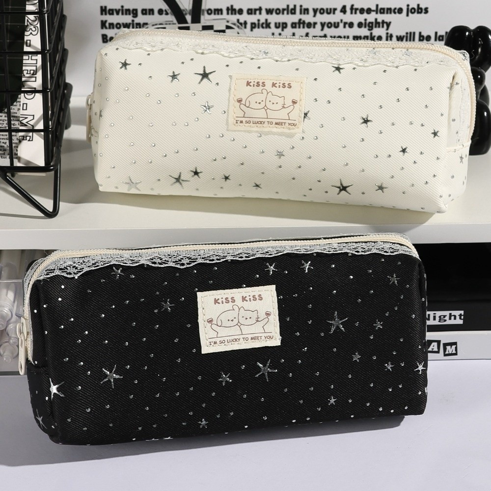 Estojo de lápis com bolinhas no estilo Y2K, bolsa de armazenamento de lápis de mesa em estilo coreano, com padrão de ren
