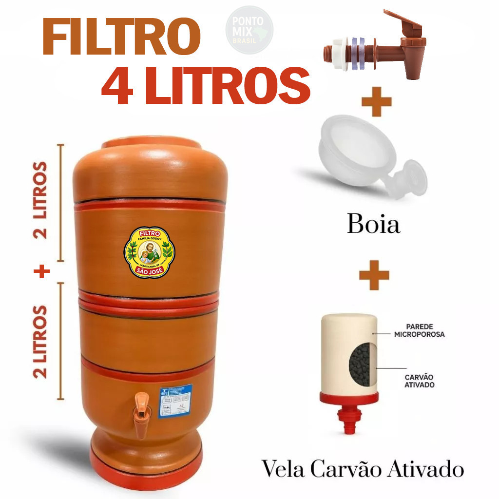 Filtro de Água de Barro 4 L + Vela Carvão Ativado + Boia Grátis + Acessórios