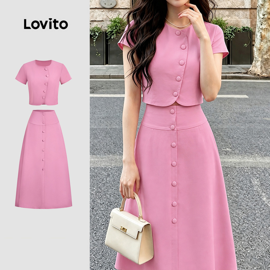 Lovito Elegantes Tops ou Bottoms Assimétricos de Botão para Saia Rosa Claro para mulheres KSK8P2D122