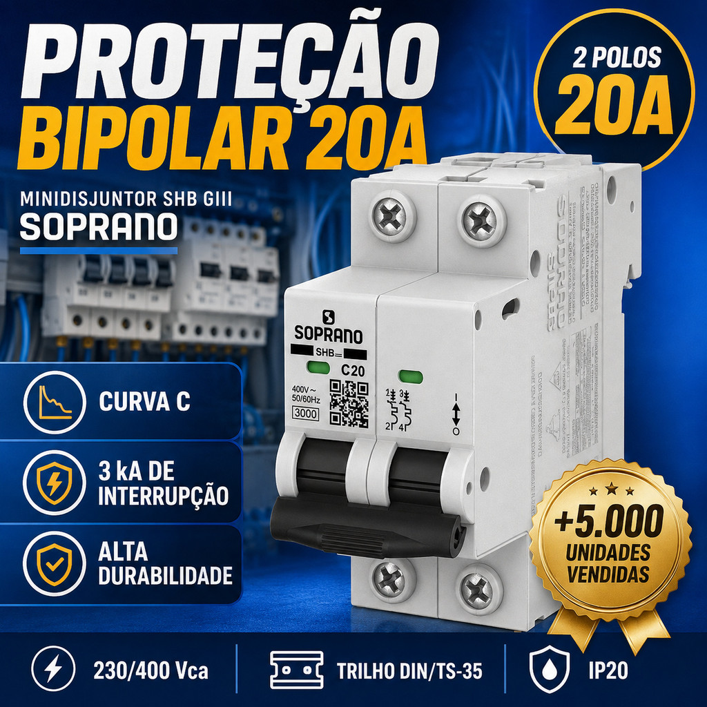 Disjuntor DIN Bipolar 20A Soprano SHB GIII Curva C Para Quadro de Distribuição Residencial — oferta na Shopee